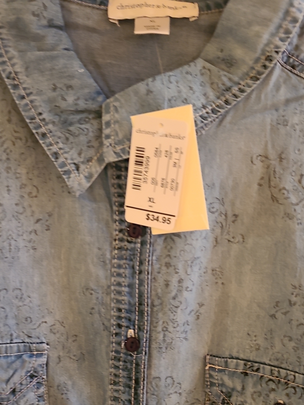 Christopher & Banks Faded Light Blue Denim Shirt with Subtle Paisley Print